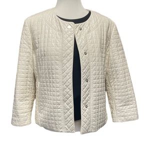 Hilary Radley White Faux Leather Quilted Collarless Jacket, Snap Buttons…